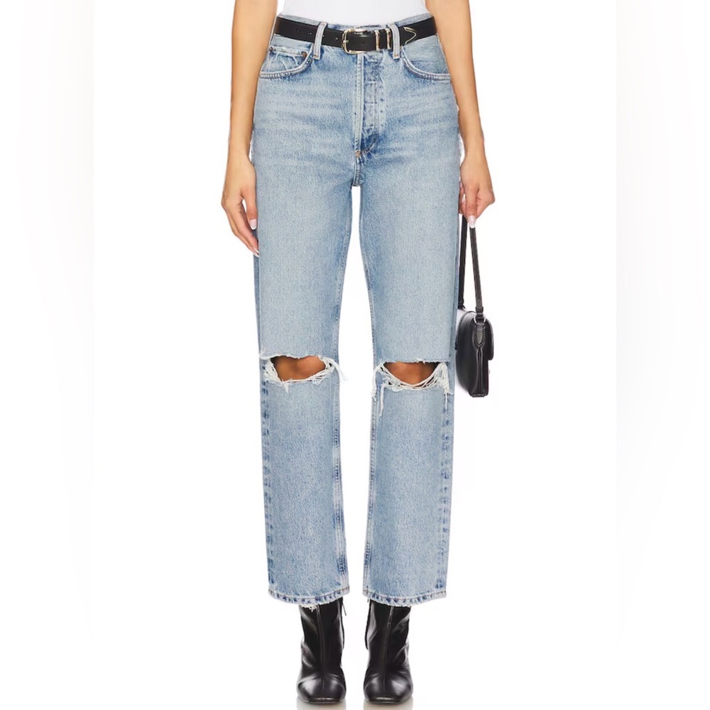 Agolde Light Blue Distressed Straight-Leg Jeans with Knee Rips